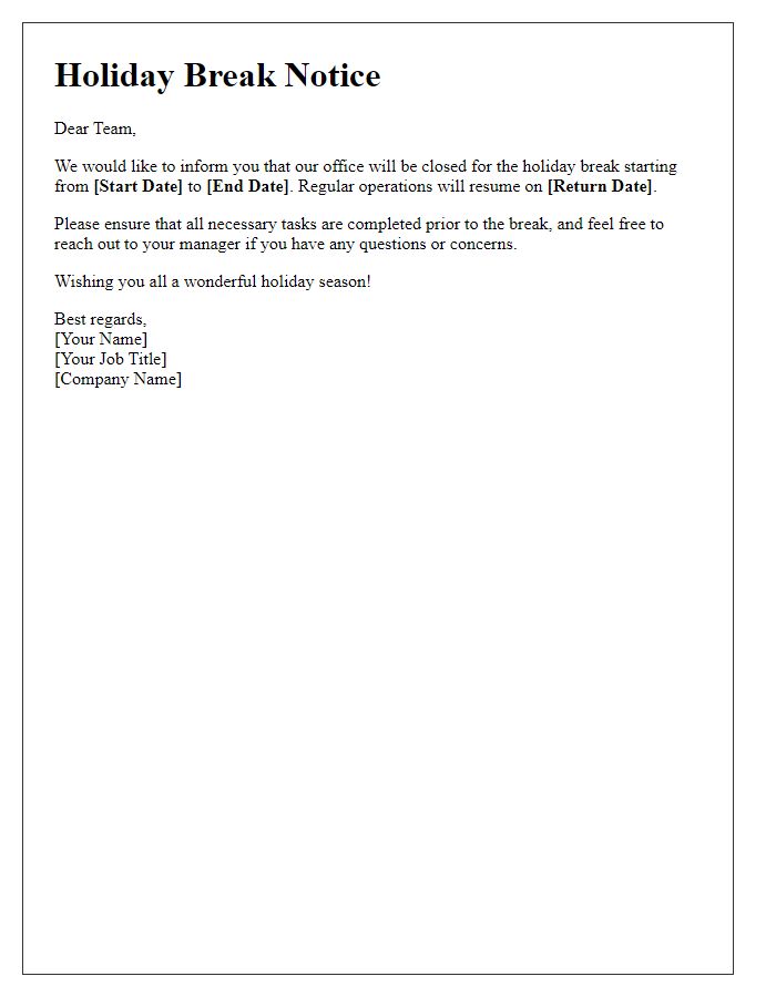 Letter template of holiday break notice for employees