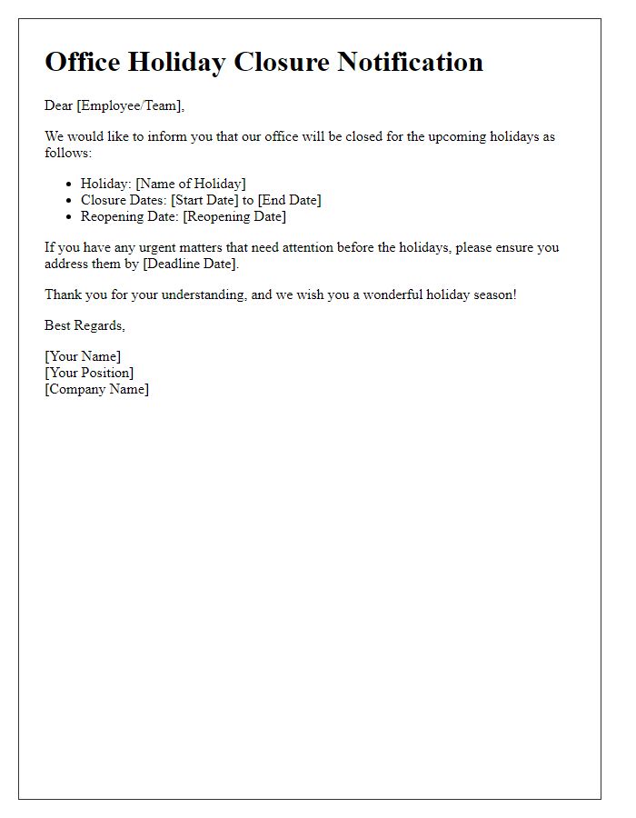 Letter template of notification for office holiday closures