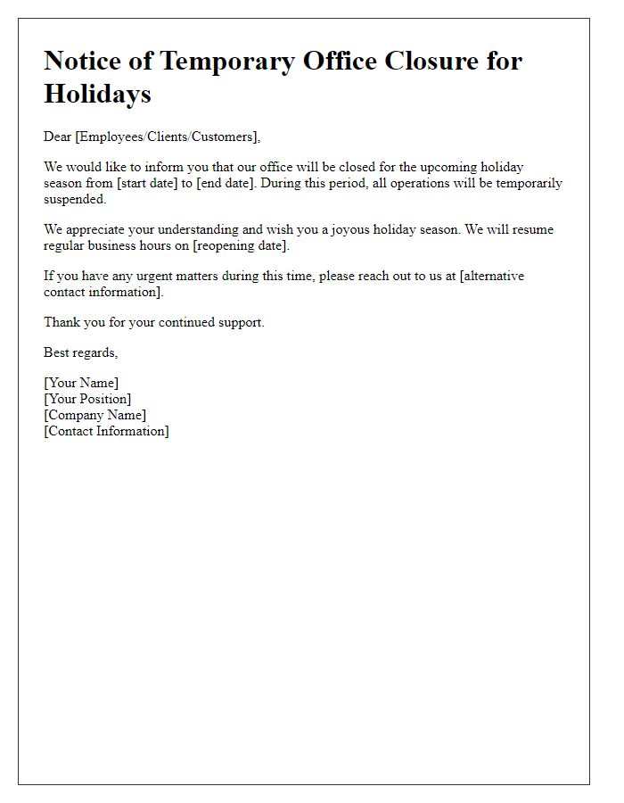 Letter template of temporary office closure message for holidays