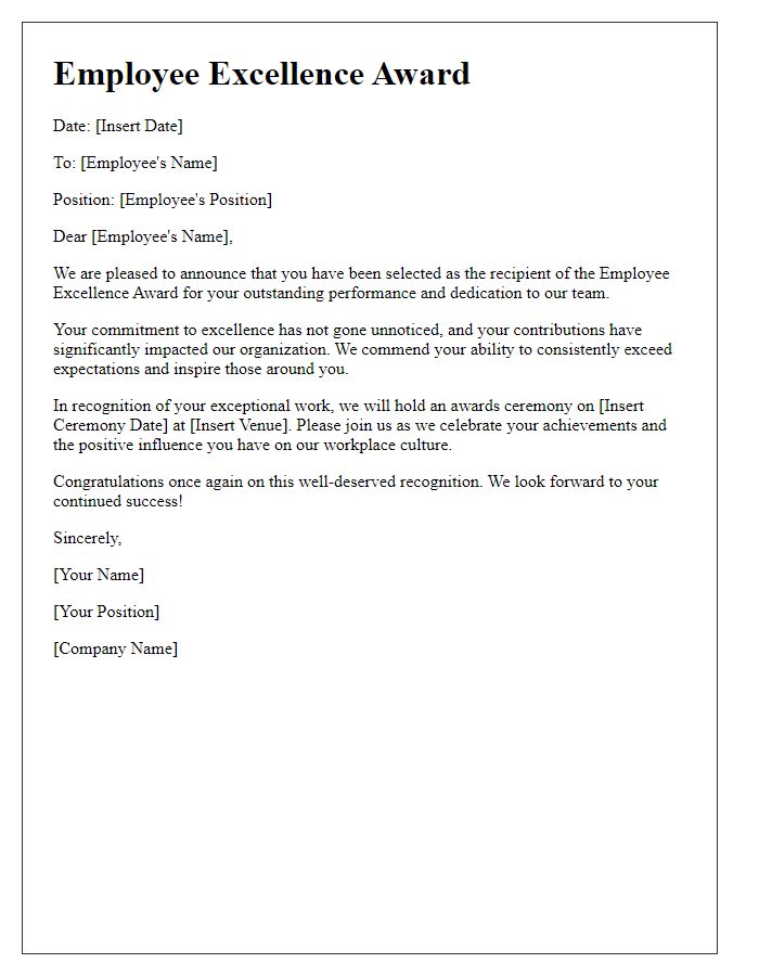 Letter template of Employee Excellence Award Recognition