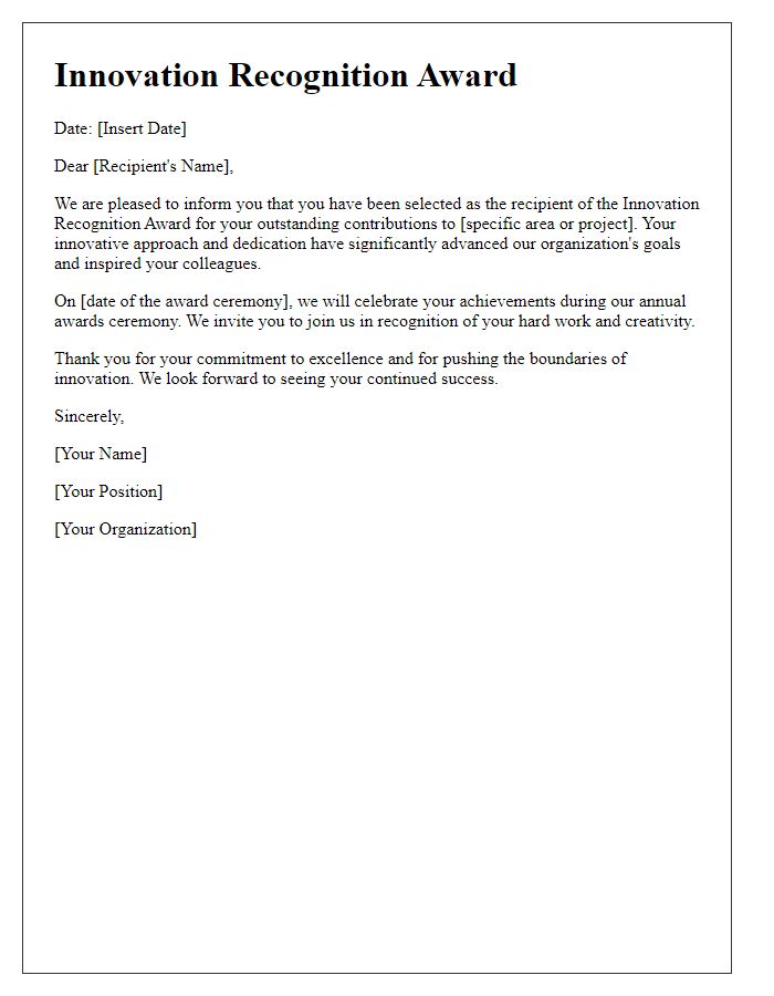 Letter template of Innovation Recognition Award