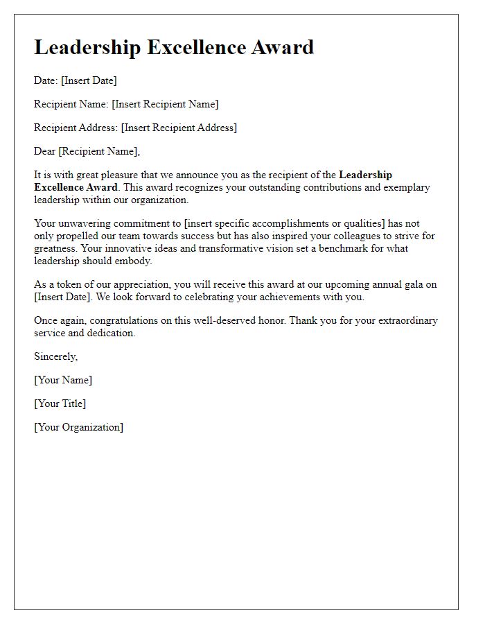 Letter template of Leadership Excellence Award