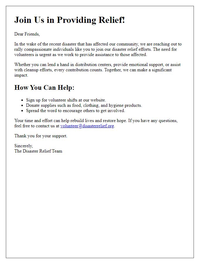 Letter template of disaster relief volunteer call to action