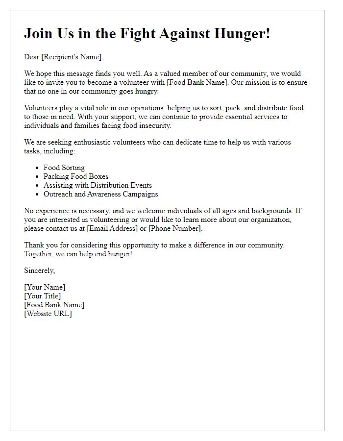 Letter template of food bank volunteer recruitment