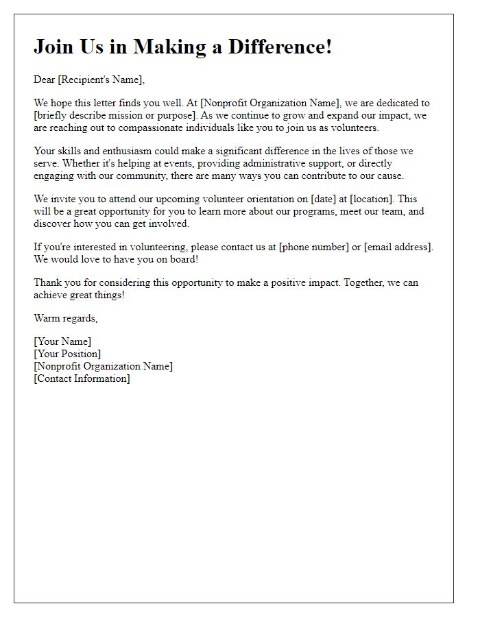 Letter template of nonprofit organization volunteer appeal