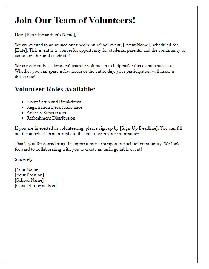 Letter template of school event volunteer recruitment