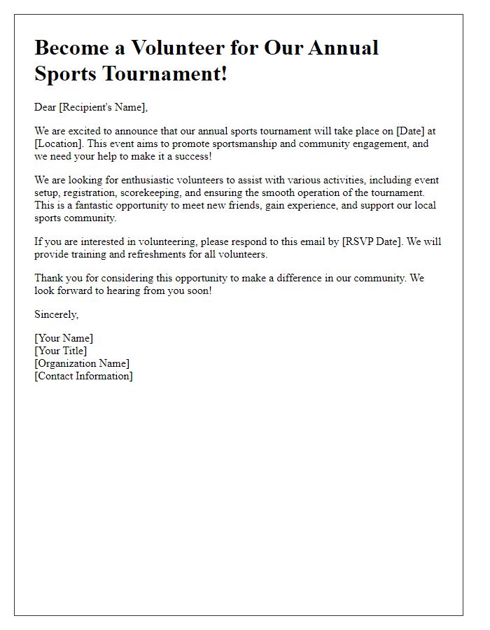 Letter template of sports tournament volunteer outreach