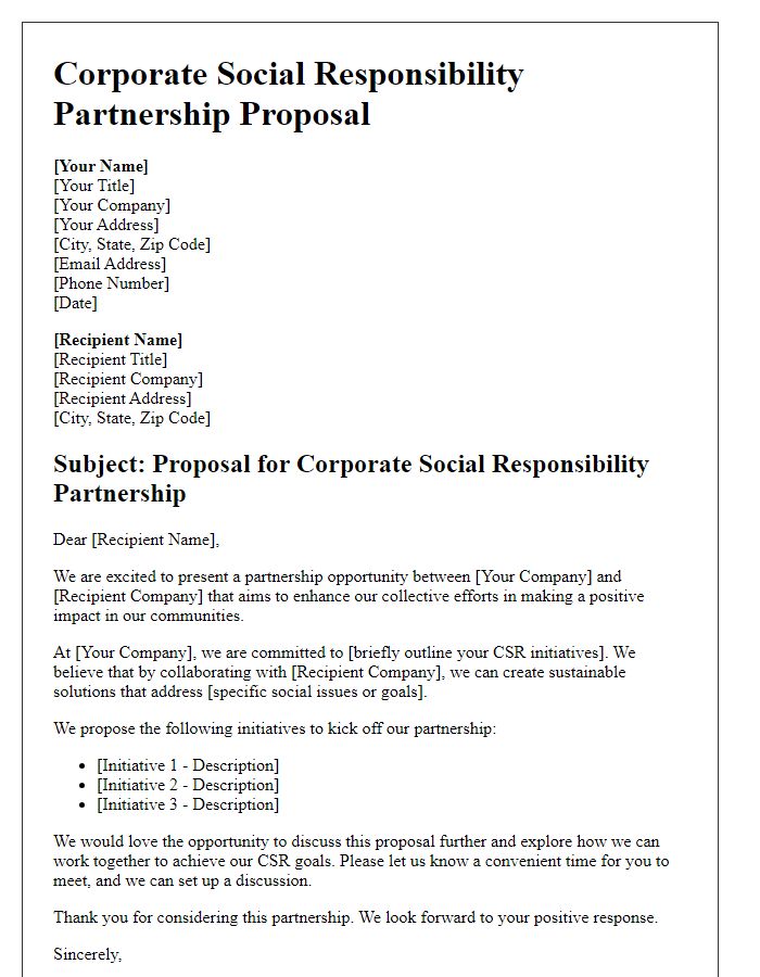 Letter template of corporate social responsibility partnership proposal.