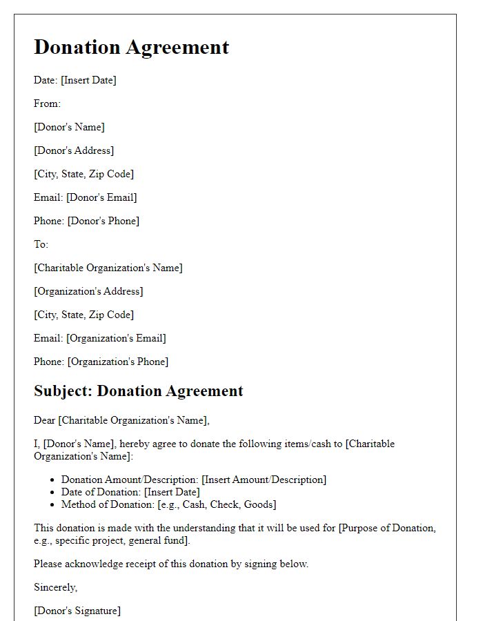 Letter template of donation agreement with charitable organizations.