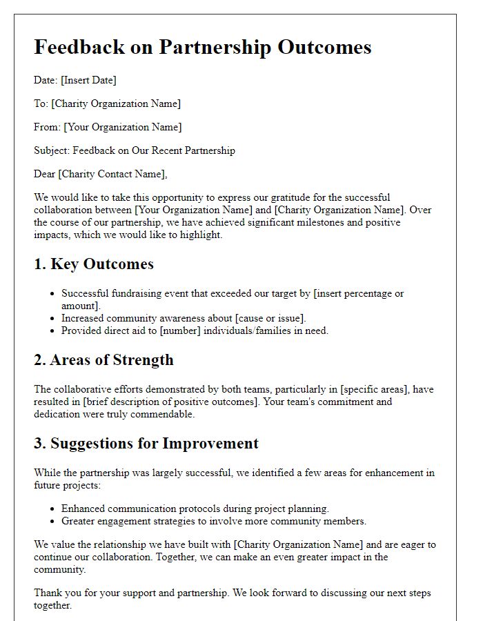 Letter template of feedback on charity partnership outcomes.