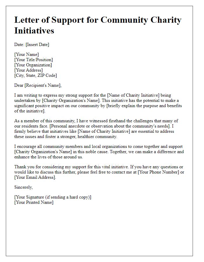 Letter template of support for community charity initiatives.