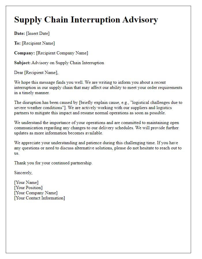 Letter template of supply chain interruption advisory