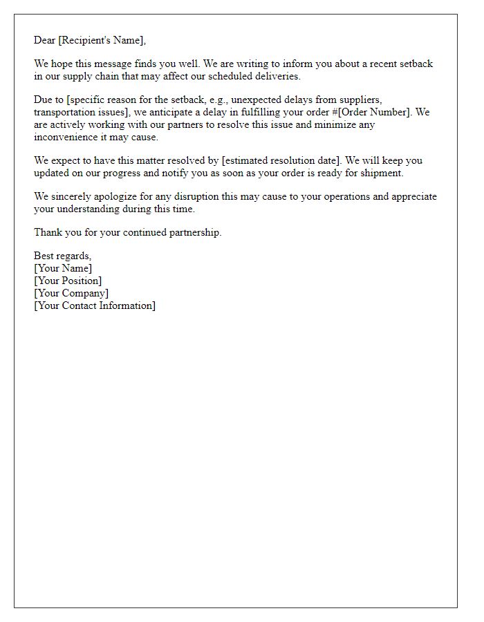 Letter template of supply chain setback notification