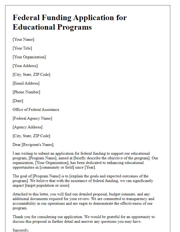 Letter template of federal funding application for educational programs