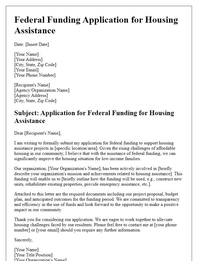 Letter template of federal funding application for housing assistance