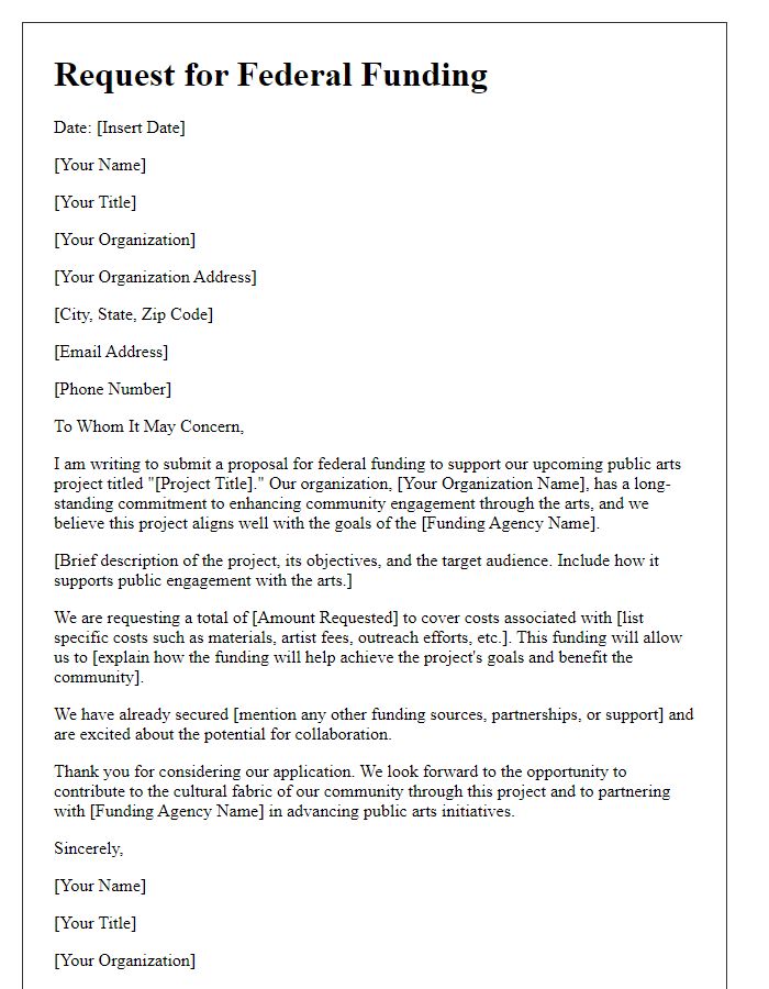 Letter template of federal funding application for public arts projects