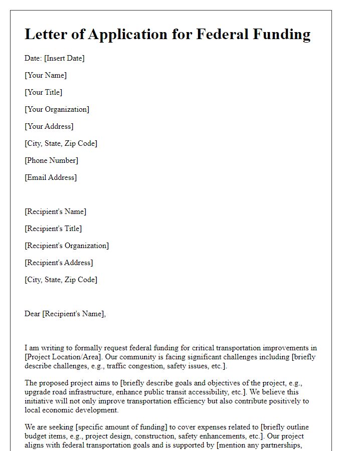 Letter template of federal funding application for transportation improvements