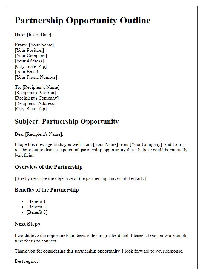 Letter template of partnership opportunity outline