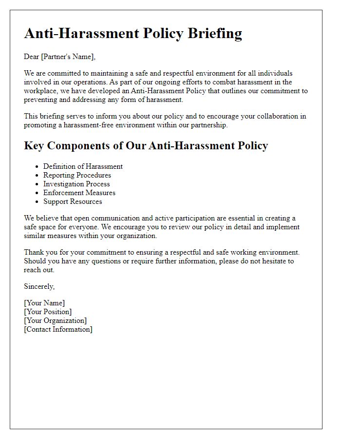 Letter template of anti-harassment policy briefing for external partners