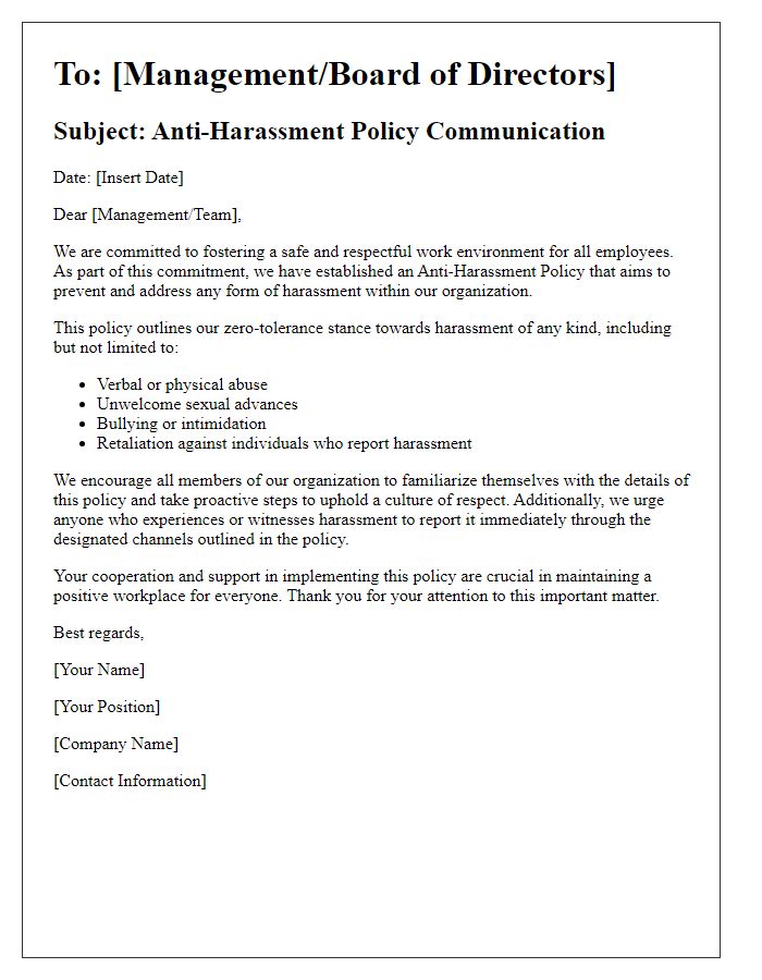 Letter template of anti-harassment policy communication for management