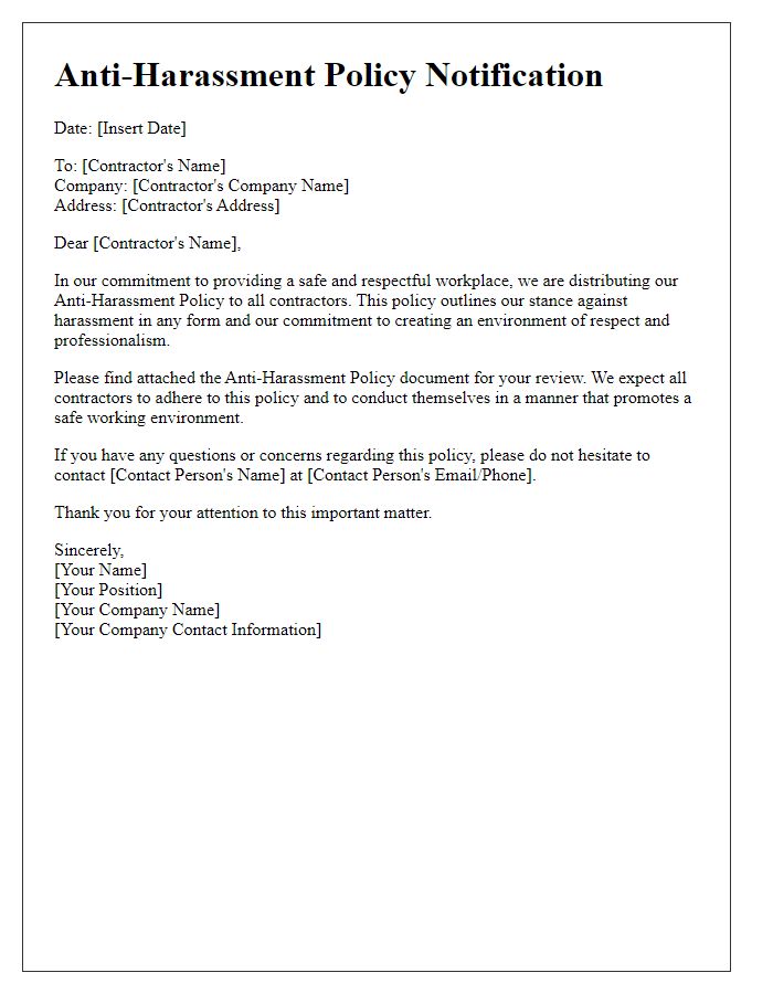 Letter template of anti-harassment policy distribution for contractors