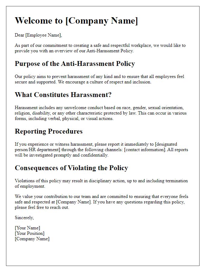 Letter template of anti-harassment policy overview for new employees