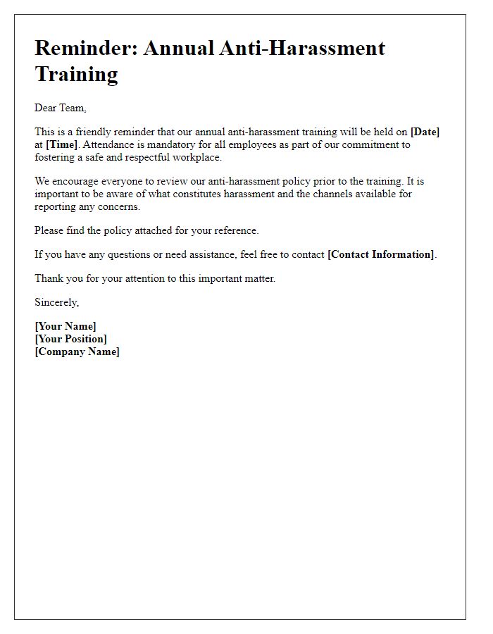 Letter template of anti-harassment policy reminder for annual training