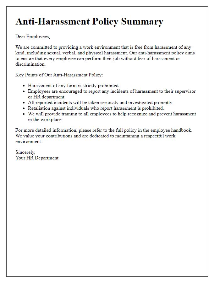 Letter template of anti-harassment policy summary for employee handbook