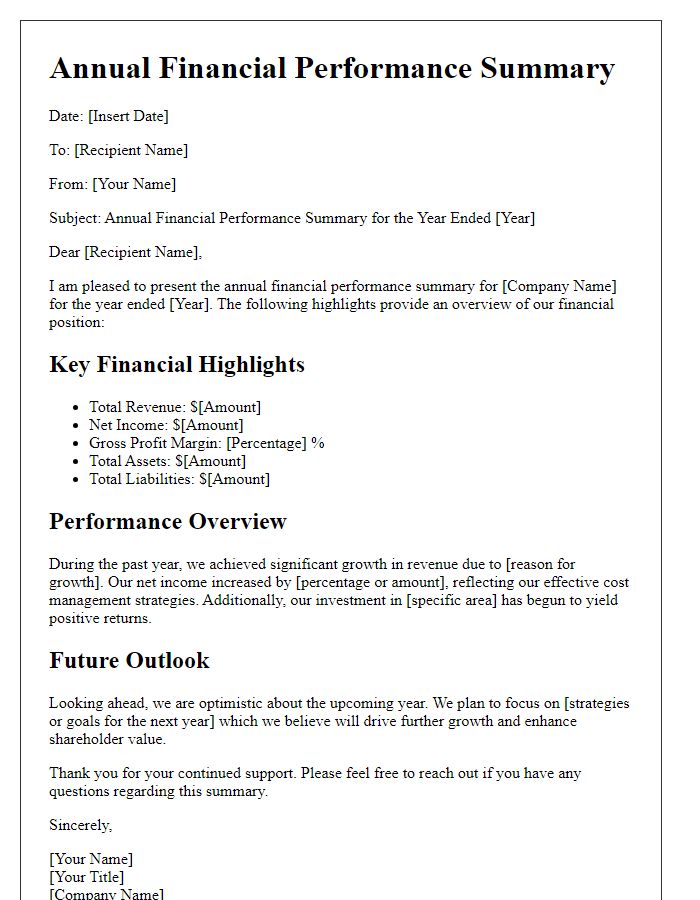 Letter template of annual financial performance summary