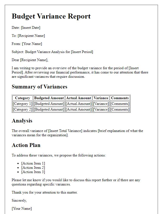 Letter template of budget variance financial performance