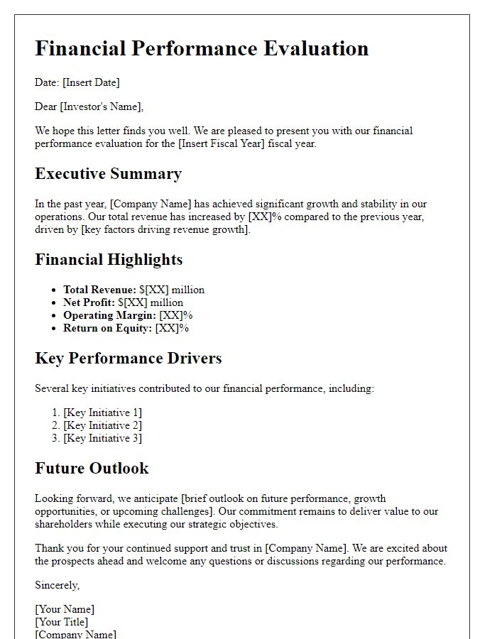 Letter template of financial performance evaluation for investors