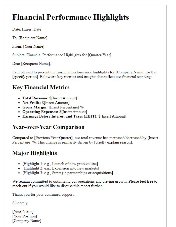 Letter template of financial performance highlights