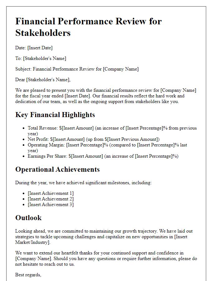 Letter template of financial performance review for stakeholders