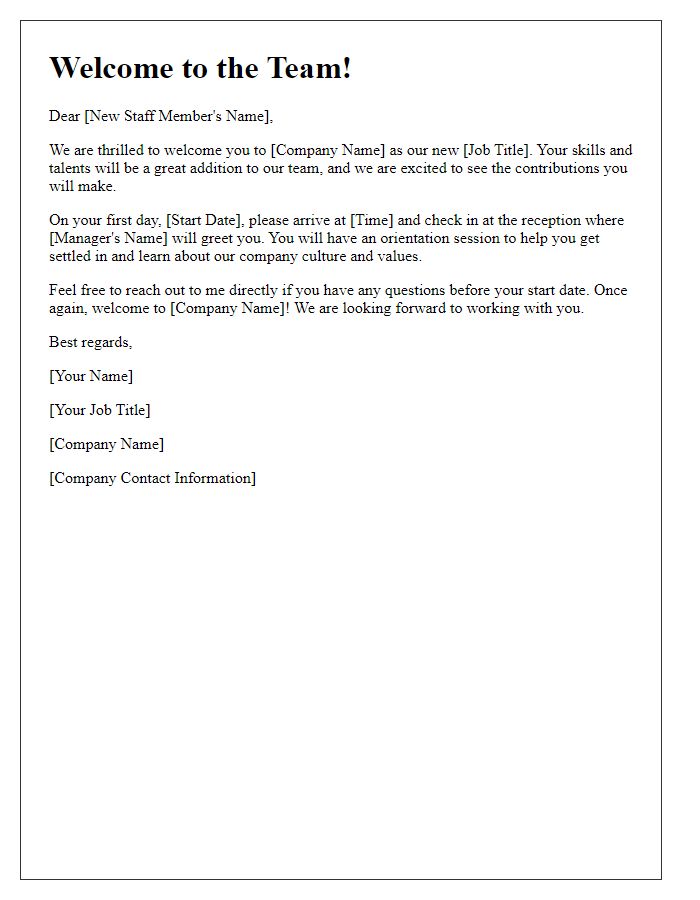 Letter template of welcoming message for new staff members