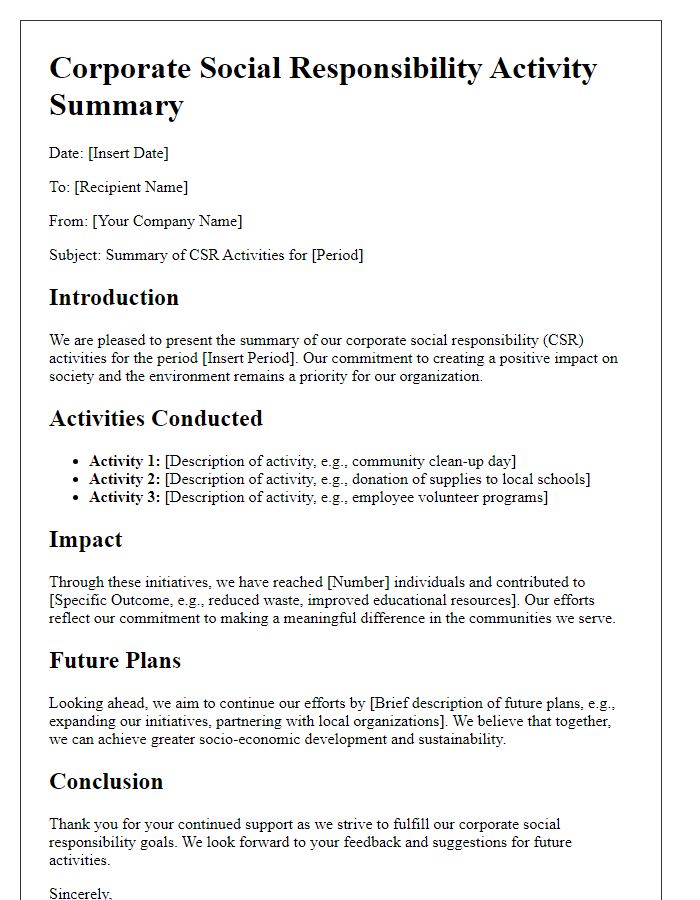 Letter template of corporate social responsibility activity summary