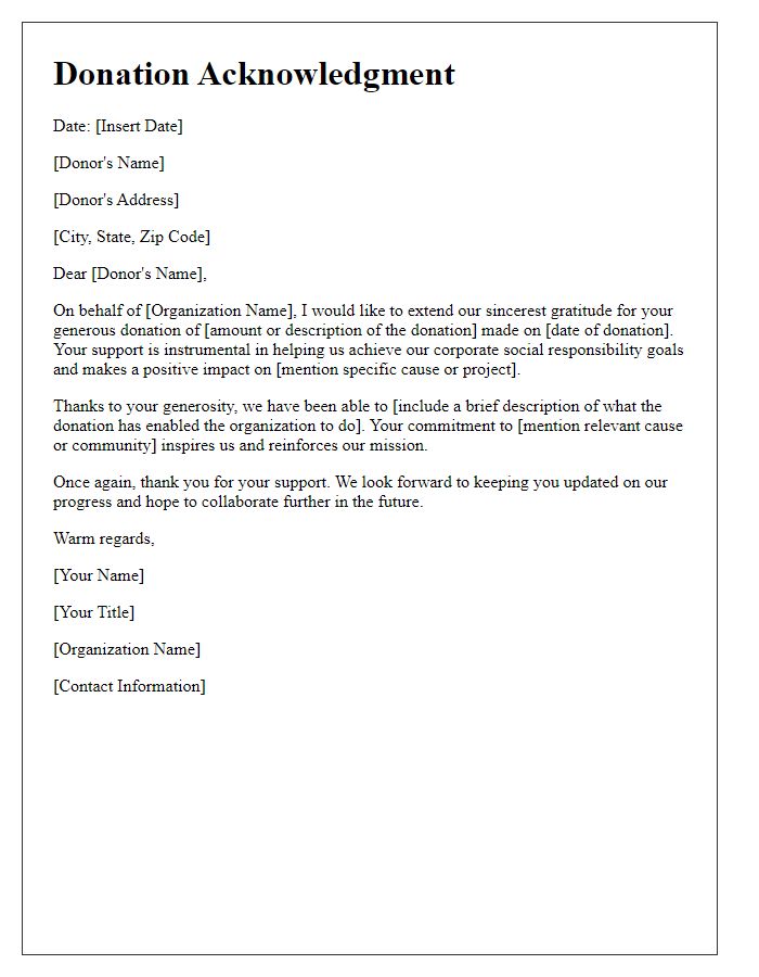 Letter template of corporate social responsibility donation acknowledgment