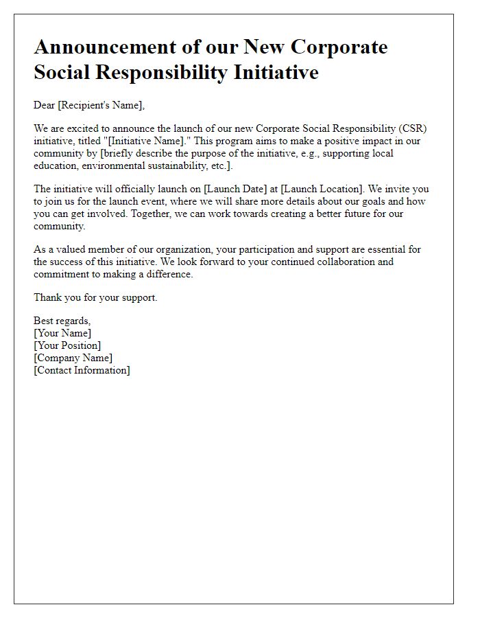 Letter template of corporate social responsibility initiative launch