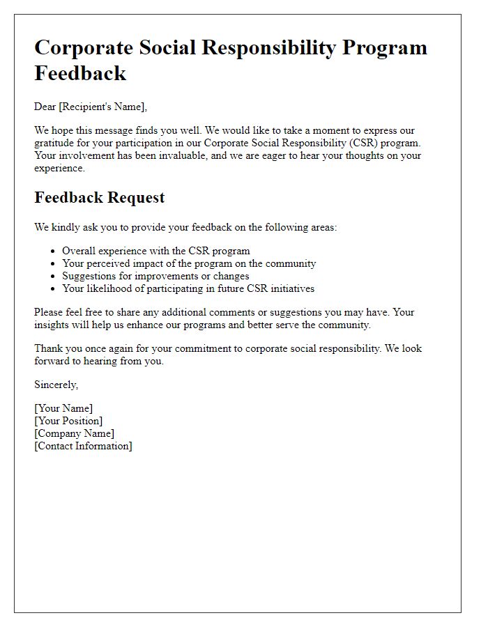 Letter template of corporate social responsibility program feedback