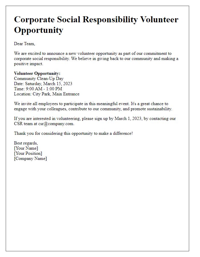 Letter template of corporate social responsibility volunteer opportunity announcement