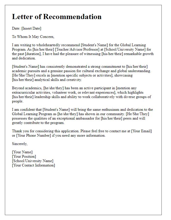 Letter template of recommendation for global learning program