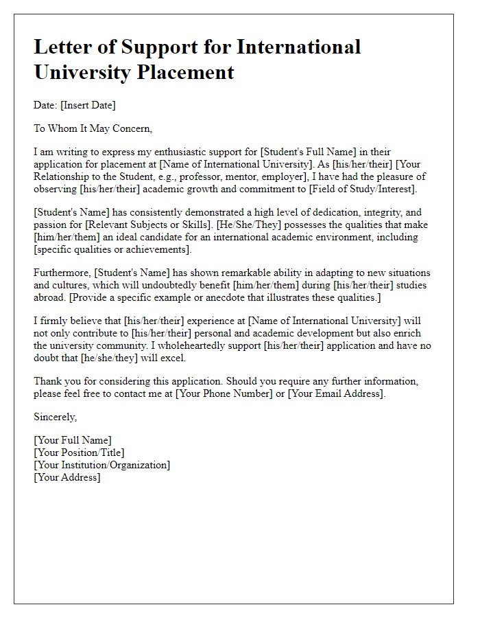 Letter template of support for international university placement