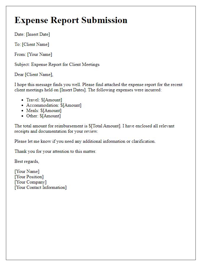 Letter template of expense report submission for client meetings