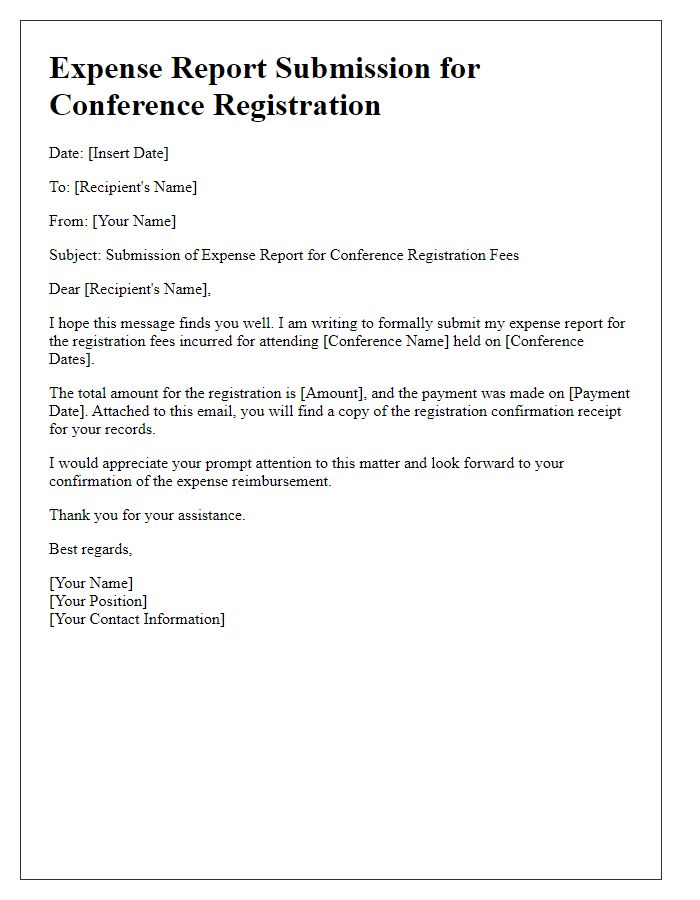 Letter template of expense report submission for conference registration fees