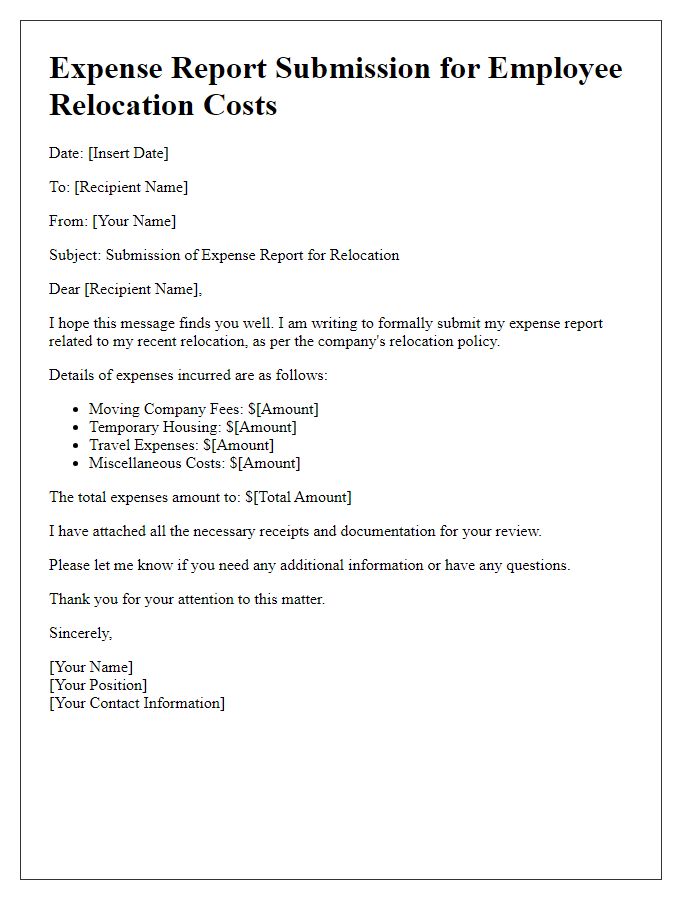 Letter template of expense report submission for employee relocation costs