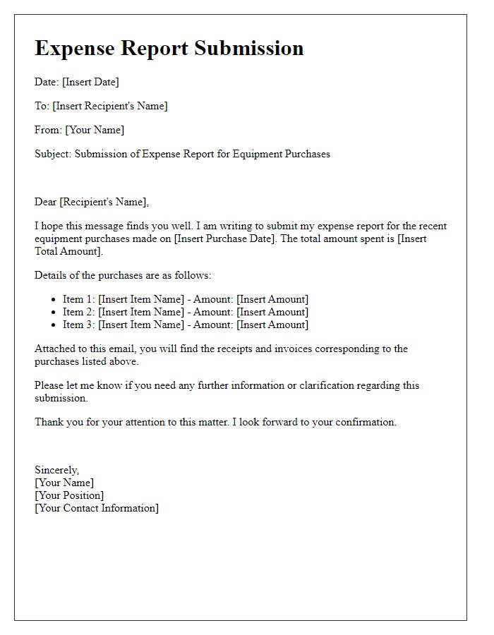 Letter template of expense report submission for equipment purchases