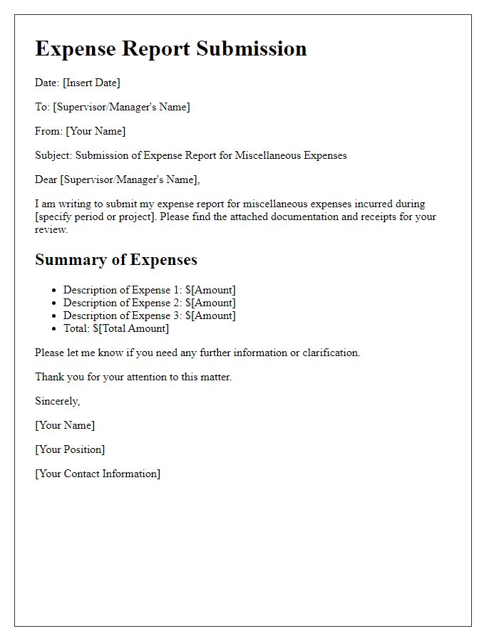 Letter template of expense report submission for miscellaneous expenses