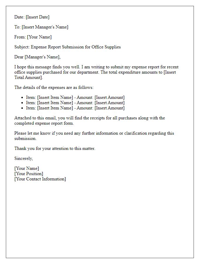 Letter template of expense report submission for office supplies