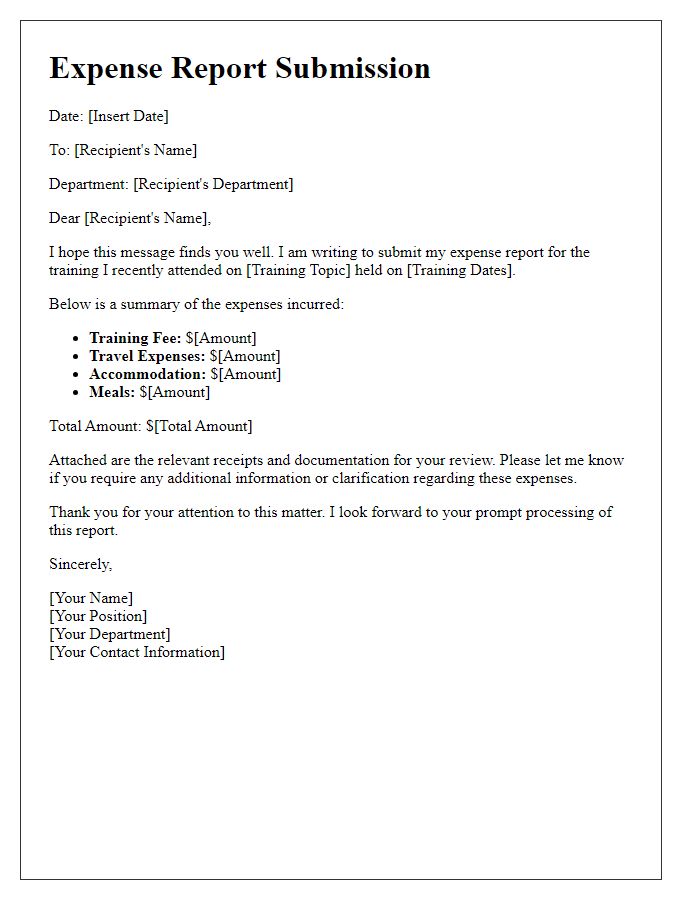 Letter template of expense report submission for training expenses