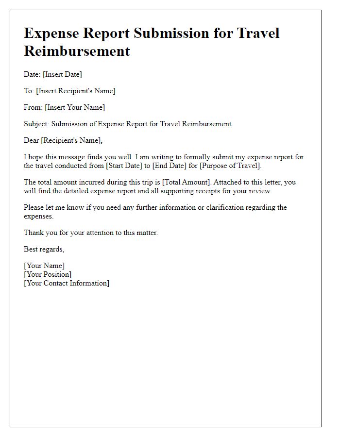 Letter template of expense report submission for travel reimbursement