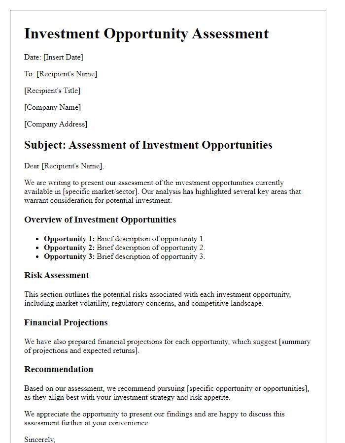 Letter template of assessment for investment opportunities